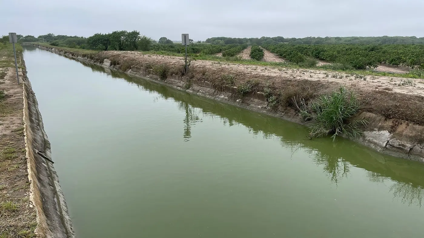 Irrigation channel running between banks of farmland
